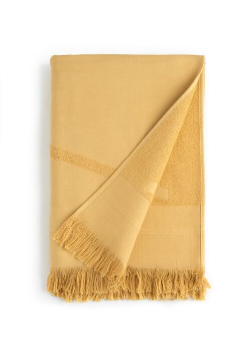 Folded yellow WAY beach towel with woven front and terry back and fringes