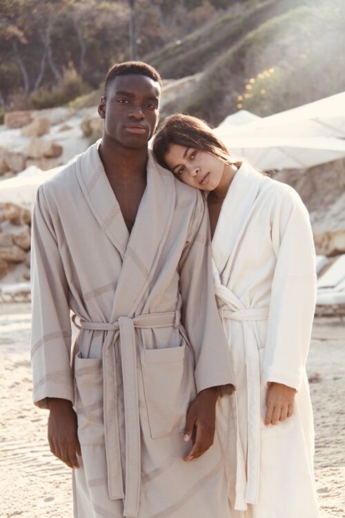 Unisex Marin Bathrobe in cream white for him and her made from organic and recycled terry cotton in a slim fit
