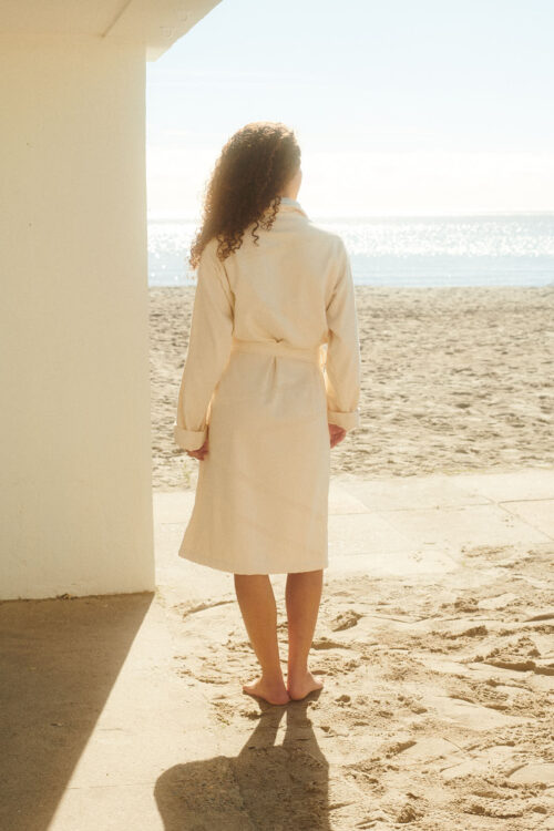 marin bathrobe from WAY in Shell on a girl who is on the beach