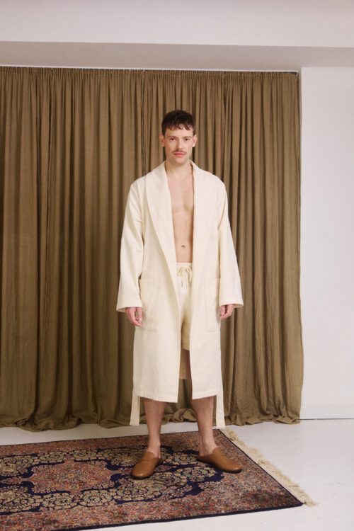 Unisex Marin Bathrobe in cream white for him and her made from organic and recycled terry cotton in a slim fit