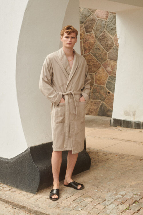 Unisex Marin Bathrobe in sand grey for him and her made from organic and recycled terry cotton in a slim fit