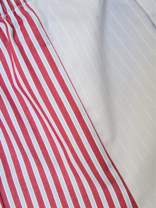 Upcycled blue striped SUN Shorts from WAY collaboration with Salvation Army close-up