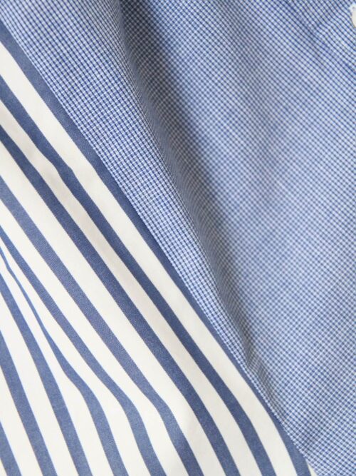 Upcycled blue striped SUN Shorts from WAY collaboration with Salvation Army close-up