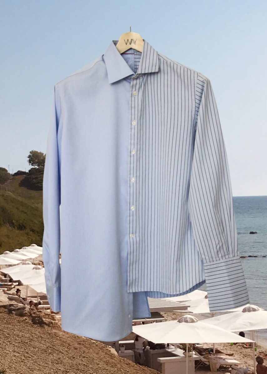 Upcycled blue SUN Shirt from WAY collaboration with Salvation Army with stone back ground