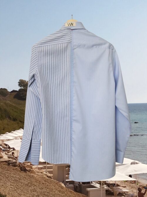 Upcycled blue SUN Shirt from WAY collaboration with Salvation Army with stone back ground
