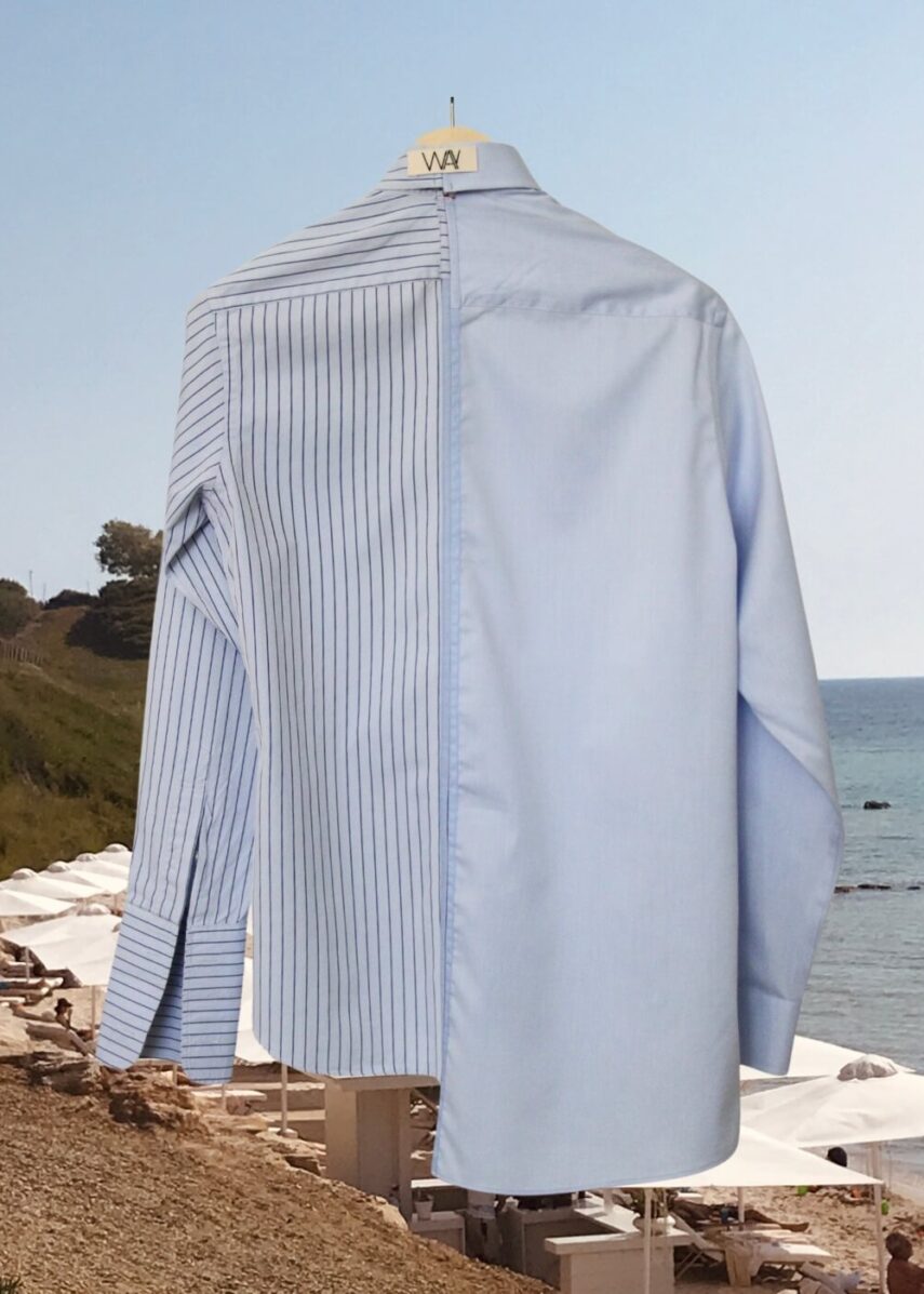 Upcycled blue SUN Shirt from WAY collaboration with Salvation Army with stone back ground