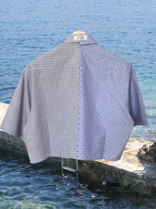 Upcycled blue striped SUN Crop Shirt from WAY collaboration with Salvation Army with pool back ground