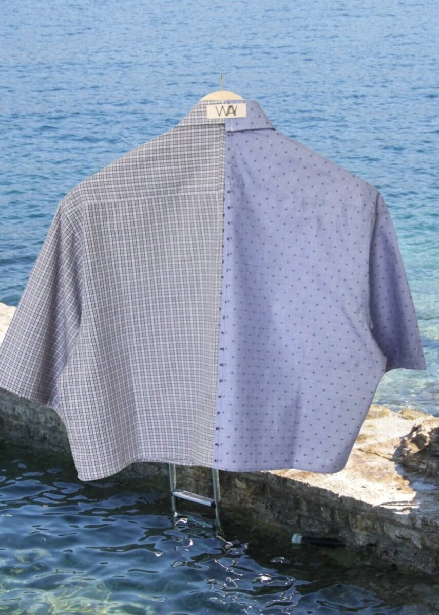 Upcycled blue striped SUN Crop Shirt from WAY collaboration with Salvation Army with pool back ground