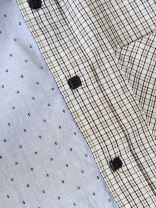 Upcycled blue striped SUN Crop Shirt from WAY collaboration with Salvation Army close-up