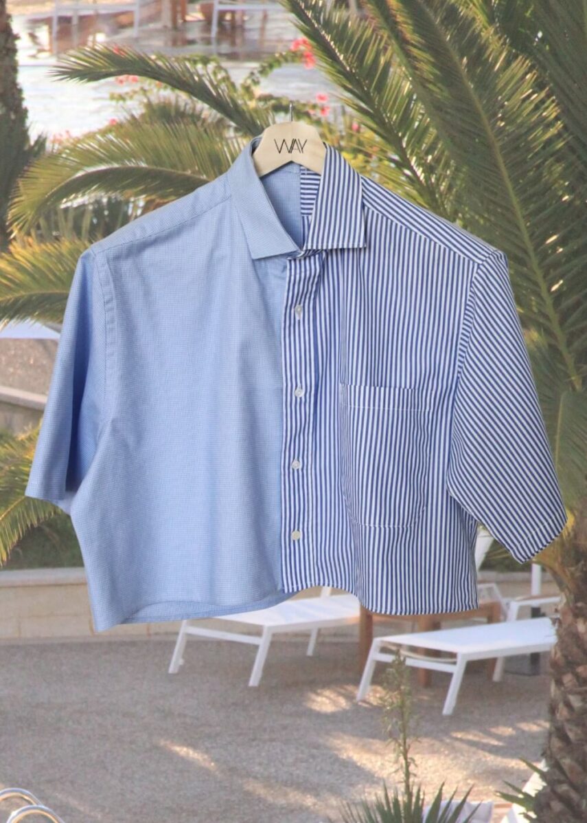 Upcycled blue striped SUN Crop Shirt from WAY collaboration with Salvation Army with pool back ground