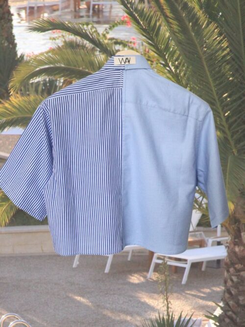 Upcycled blue striped SUN Crop Shirt from WAY collaboration with Salvation Army with pool back ground