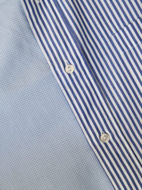 Upcycled blue striped SUN Crop Shirt from WAY collaboration with Salvation Army close-up