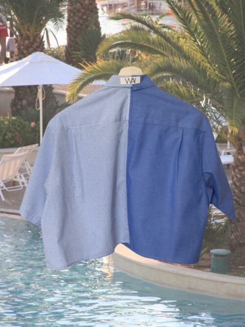 Upcycled blue striped SUN Crop Shirt from WAY collaboration with Salvation Army pool back ground