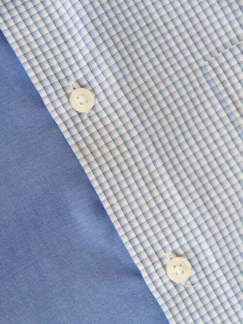 Upcycled blue striped SUN Crop Shirt from WAY collaboration with Salvation Army close-up