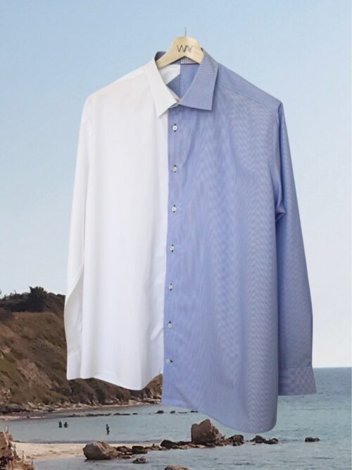 Upcycled blue SUN Shirt from WAY collaboration with Salvation Army with ocean back ground