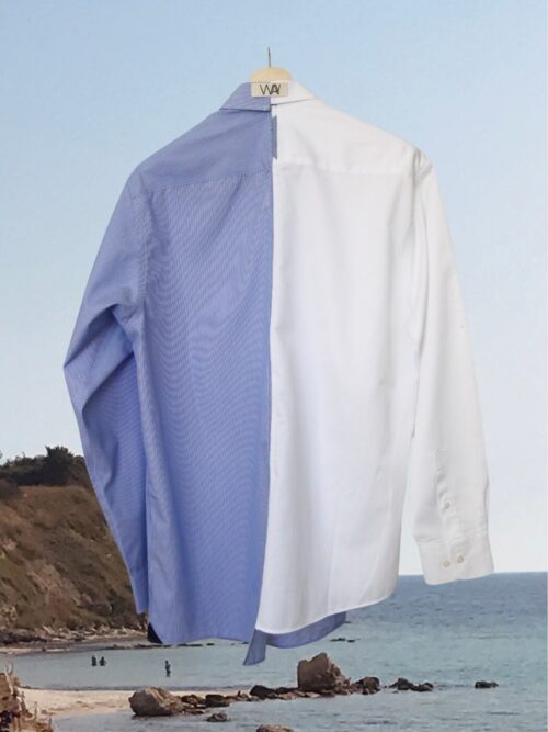 Upcycled blue SUN Shirt from WAY collaboration with Salvation Army with ocean back ground