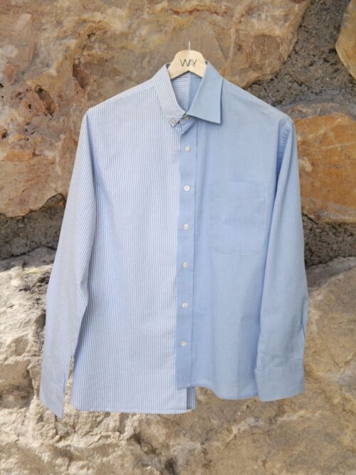 Upcycled blue SUN Shirt from WAY collaboration with Salvation Army with stone back ground