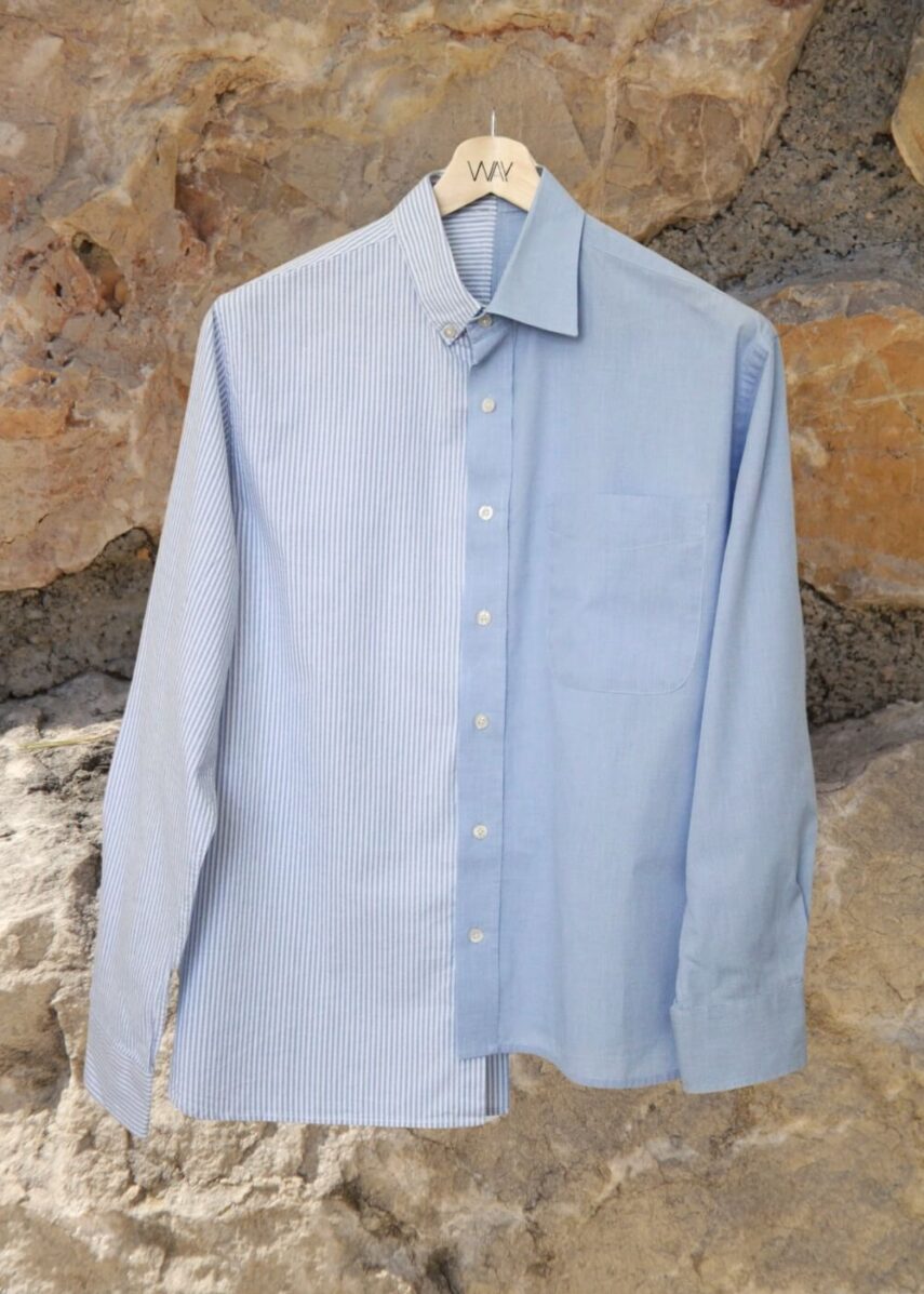Upcycled blue SUN Shirt from WAY collaboration with Salvation Army with stone back ground