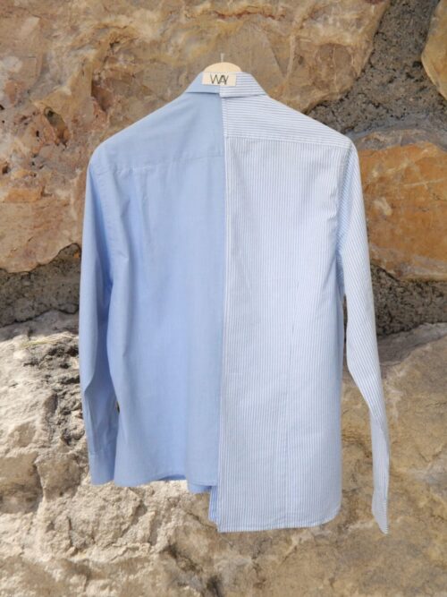 Upcycled blue SUN Shirt from WAY collaboration with Salvation Army with stone back ground