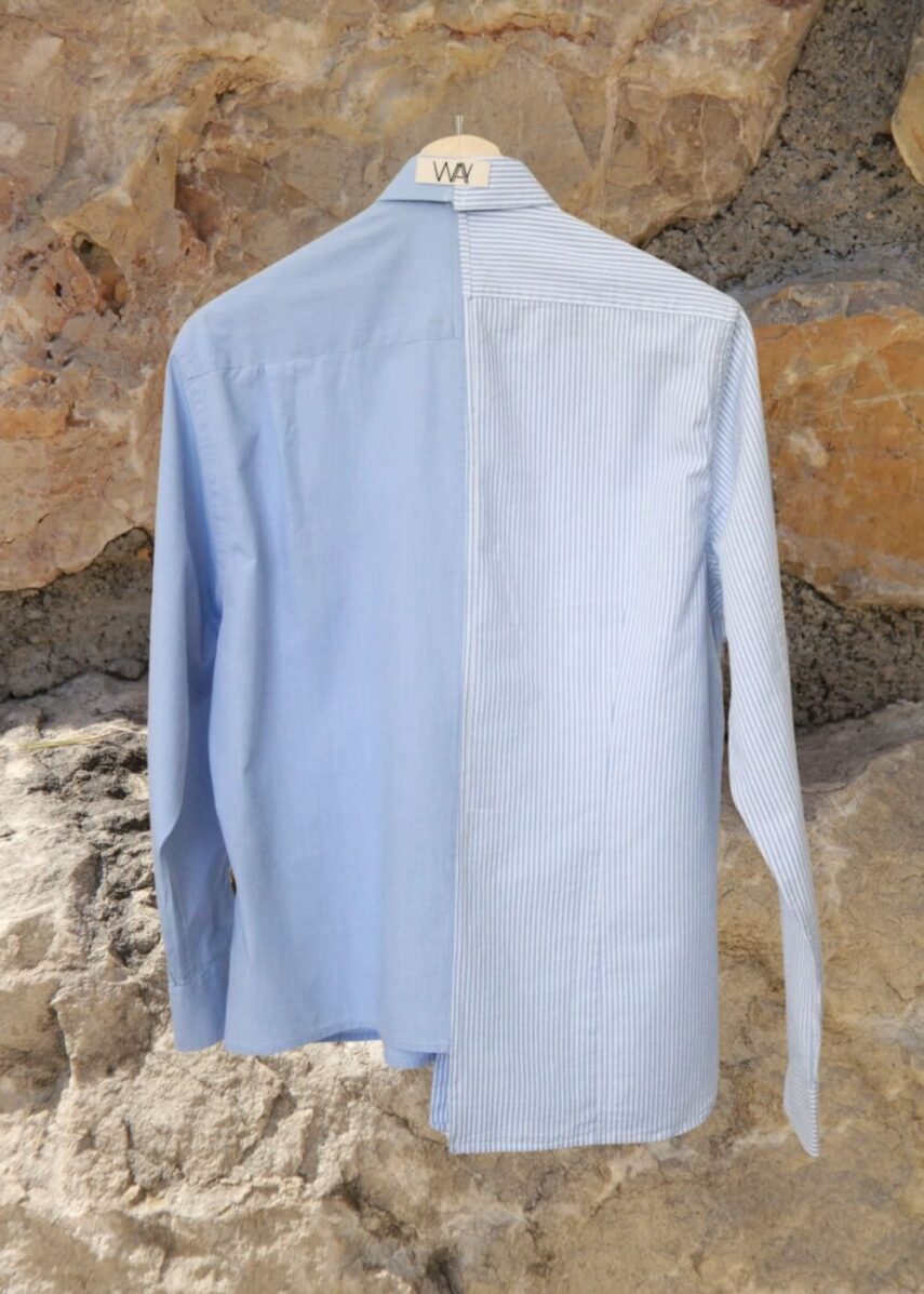Upcycled blue SUN Shirt from WAY collaboration with Salvation Army with stone back ground
