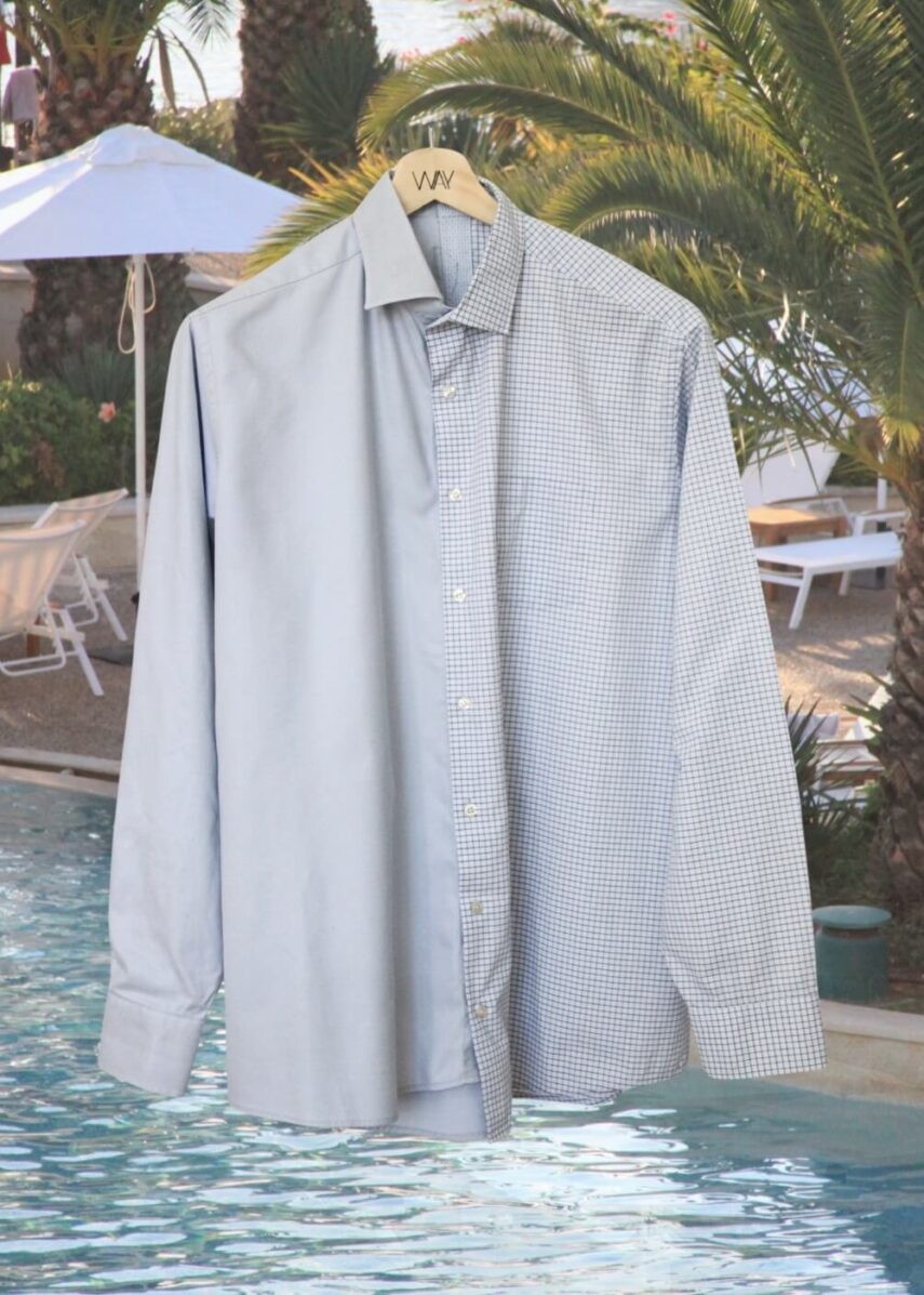 Upcycled blue SUN Shirt from WAY collaboration with Salvation Army with pool back ground