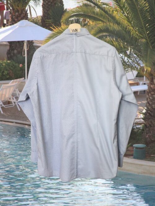 Upcycled blue SUN Shirt from WAY collaboration with Salvation Army with pool back ground