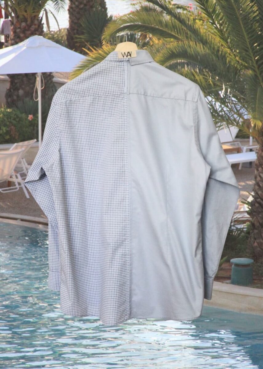 Upcycled blue SUN Shirt from WAY collaboration with Salvation Army with pool back ground