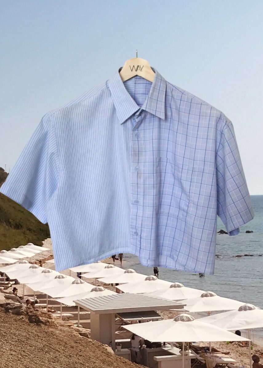 Upcycled blue striped SUN Crop Shirt from WAY collaboration with Salvation Army with ocean back ground