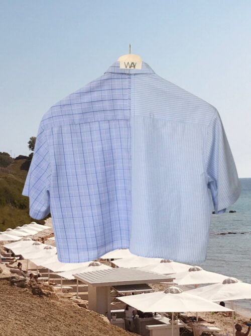 Upcycled blue striped SUN Crop Shirt from WAY collaboration with Salvation Army with ocean back ground