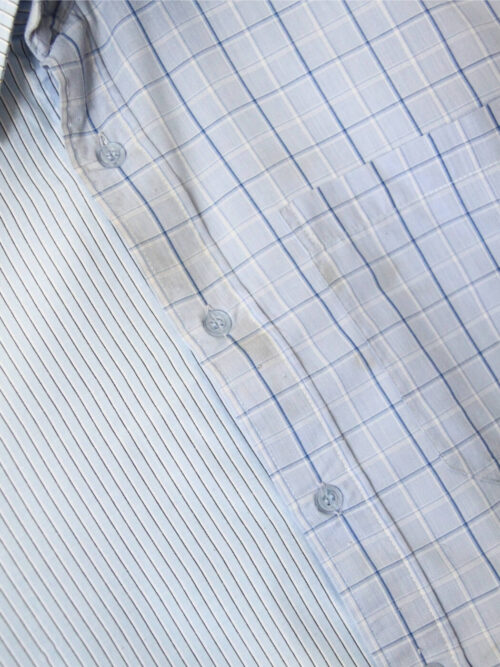 Upcycled blue striped SUN Crop Shirt from WAY collaboration with Salvation Army close-up