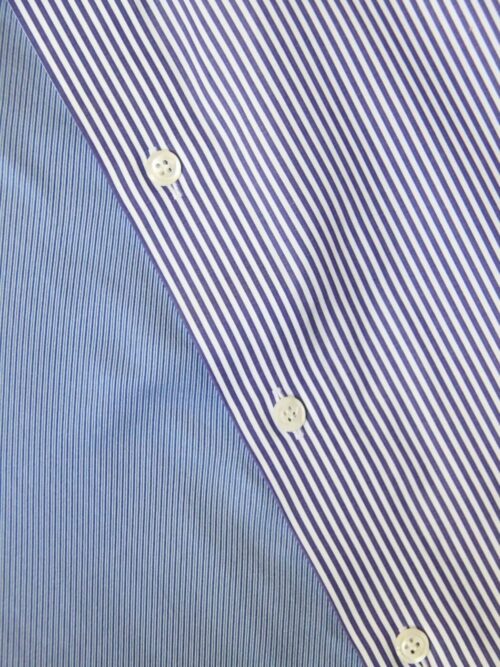 Upcycled blue striped SUN Crop Shirt from WAY collaboration with Salvation Army WAY close-up